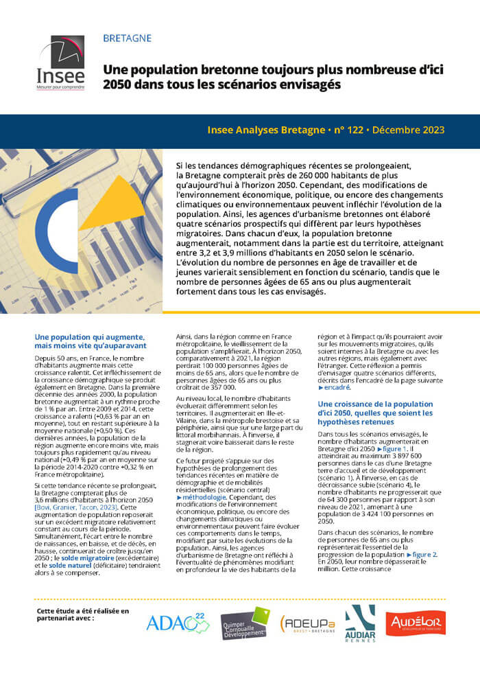 Une population bretonne toujours plus nombreuse d’ici 2050 dans tous les scénarios envisagés. Insee Analyses Bretagne n°122, décembre 2023 